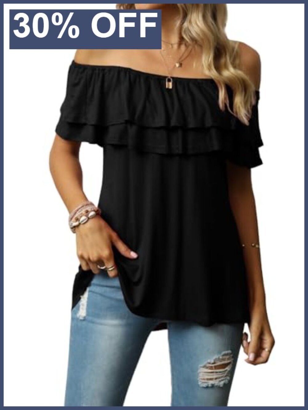 Women's Off Shoulder Ruffle Blouse Loose Fit Short Sleeve Summer Tunic